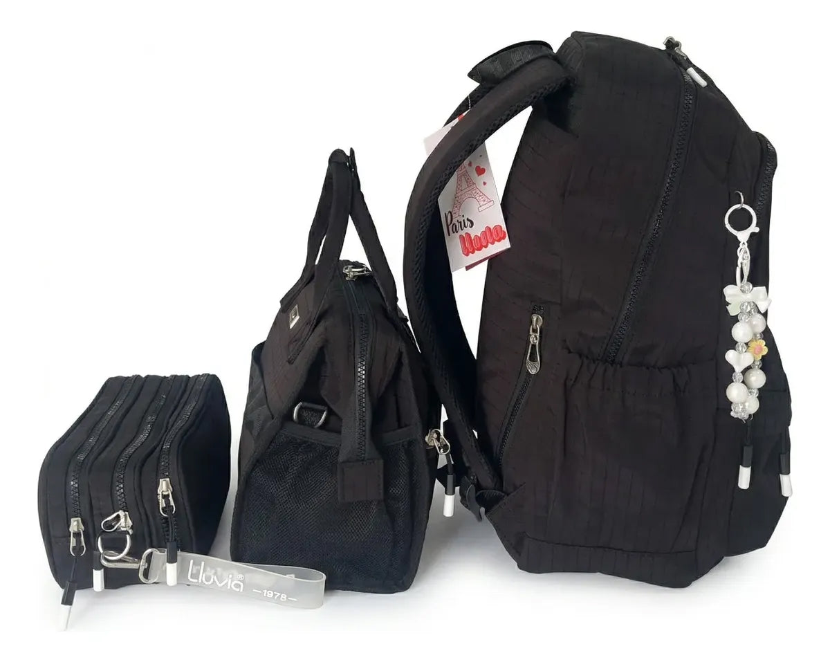 Set 3 Piezas Lluvia Negro Plata Mochila Lonchera Lapicera