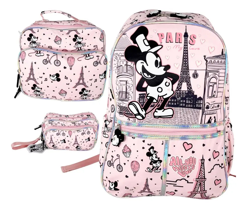 Paquete Mochila 3 Piezas Marca Lluvia Mickey Paris Primaria