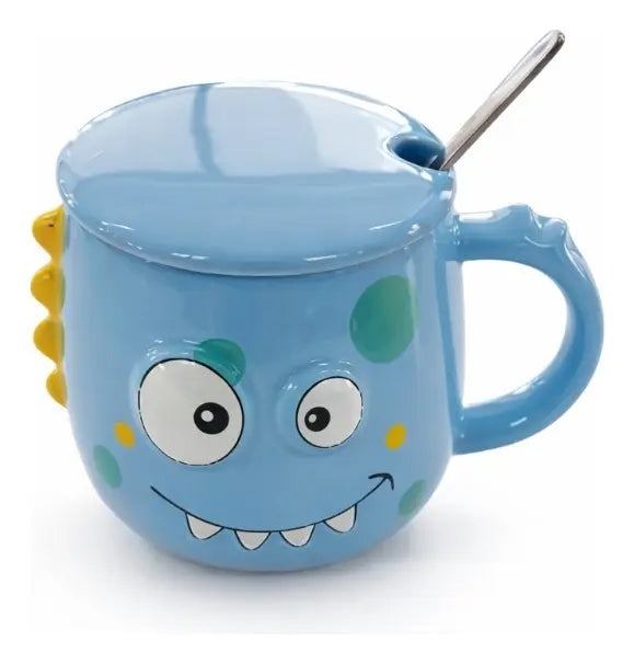 Taza Colorida Kawaii Monstruos Con Tapa Incluida 400 Ml