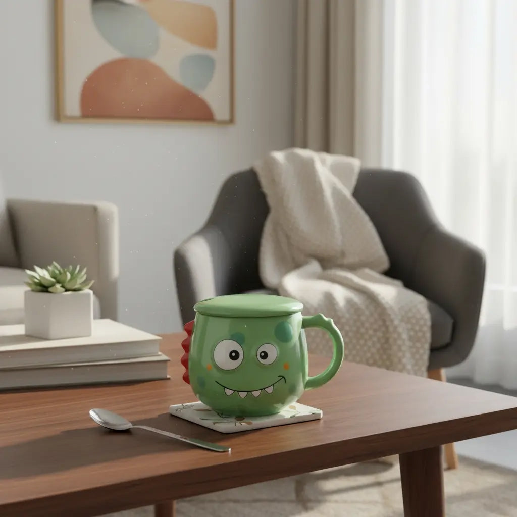Taza Colorida Kawaii Monstruos Con Tapa Incluida 400 Ml