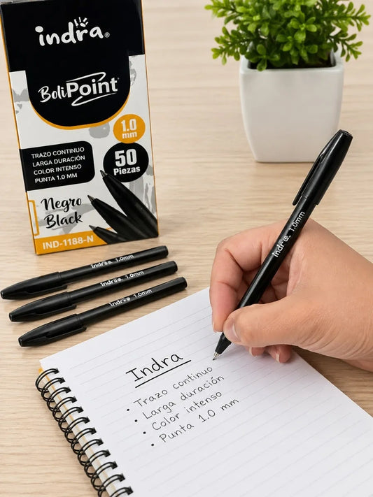 Plumas Indra Escolar Tinta Negra Punta 1.0 Mm Caja 50 Piezas