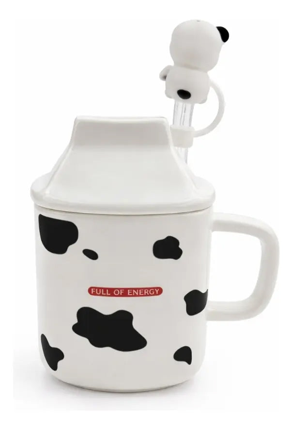 Taza Figura Caja De Leche Con Vaca Con Tapa Y Popote 330ml