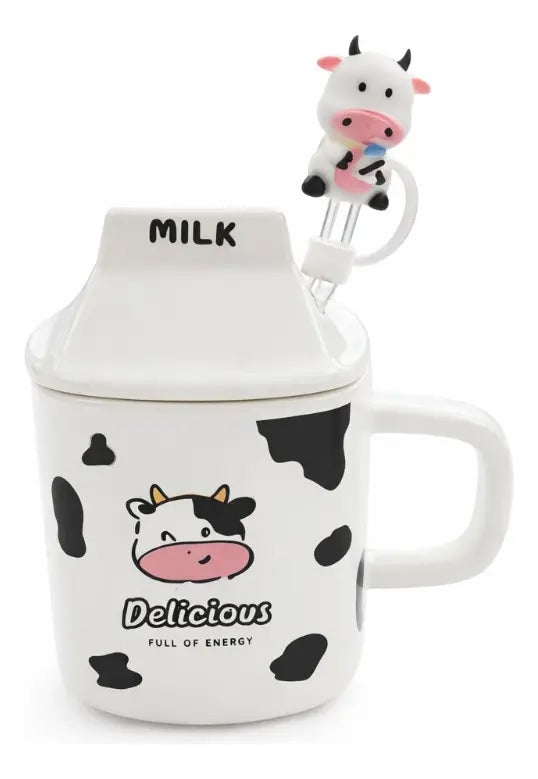 Taza Figura Caja De Leche Con Vaca Con Tapa Y Popote 330ml
