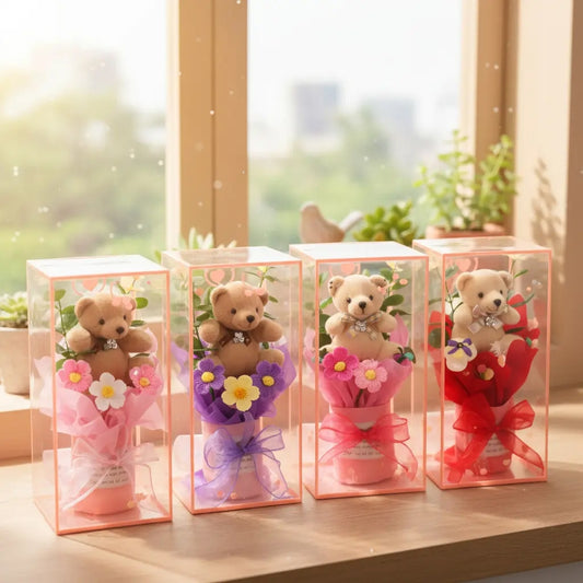 Detalle Romántico Con Flores Tejidas Infinitas Y Mini Oso