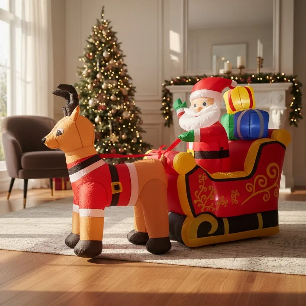 Inflable Decorativo De Navidad Santa Con Renos Marca Lluvia