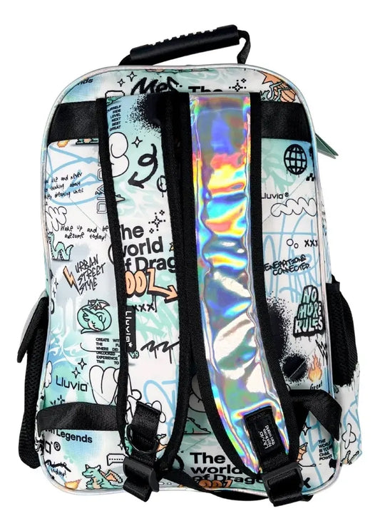 Mochila Escolar Lluvia Dragon 20l Color Agua Con Bolsillos Laterales Estampado