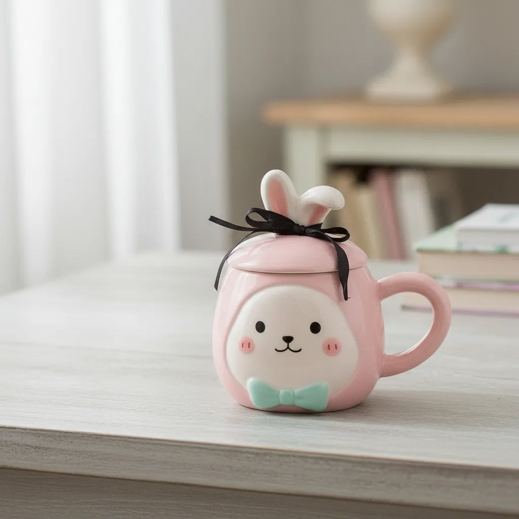 Taza Decorativa Conejo Pastel Con Orejas Y Moño 380 Ml