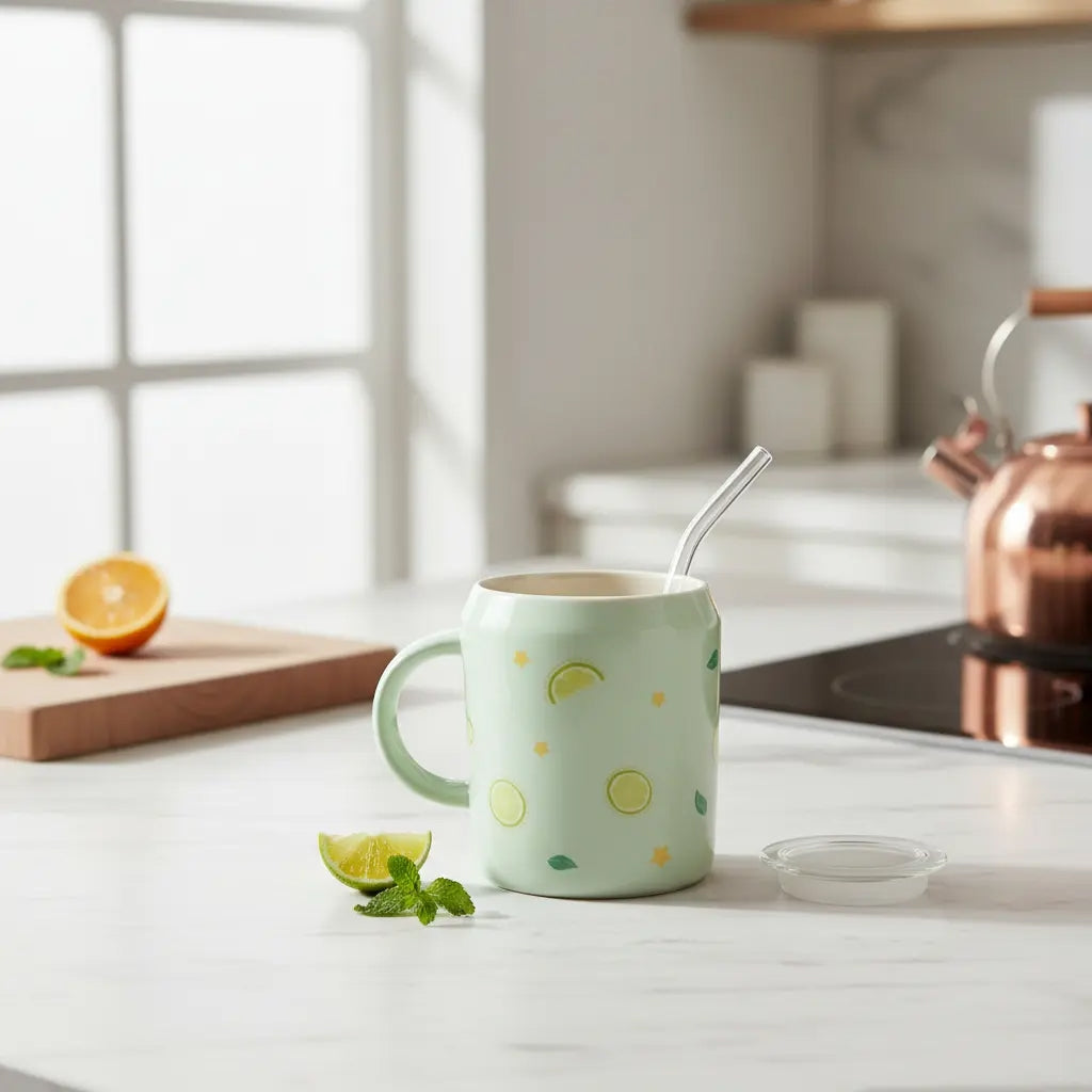 Taza Frutal Con Tapa Y Popote De Cristal 400 Ml