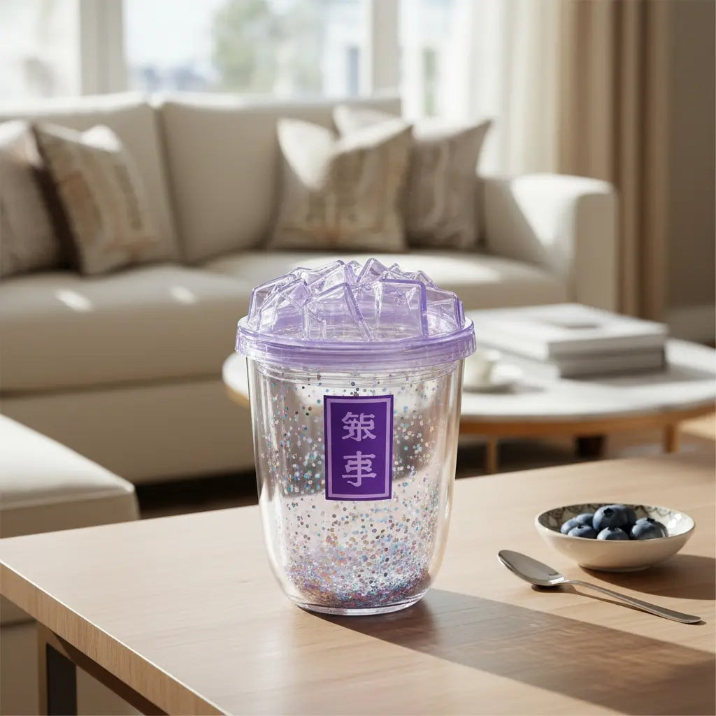 Vaso 450 Ml Con Glitter Suelto Tapa Hielo Diseño Creativo