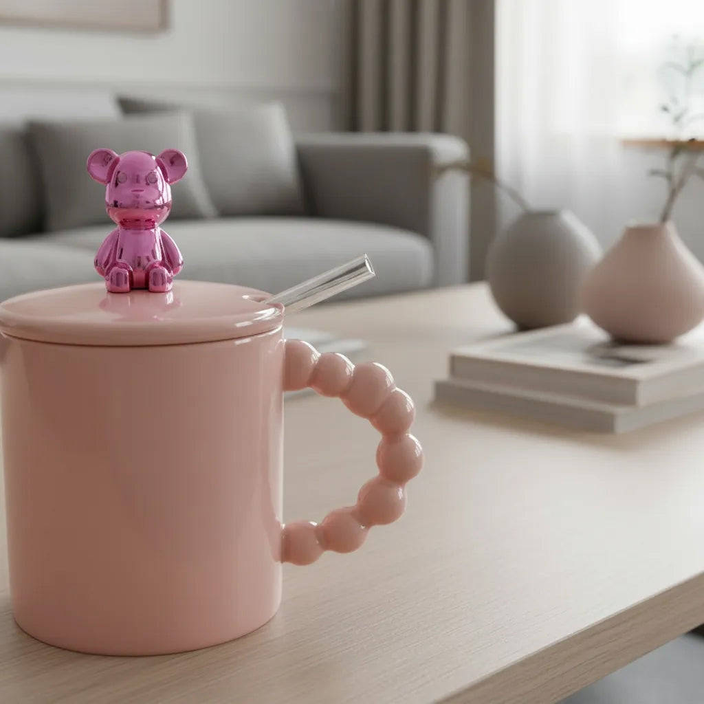 Taza Porcelana Con Oso Metalico Y Tapa 420 Ml