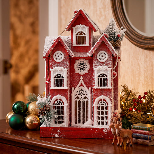 Casa Navideña Decorativa Con Luz Y Nieve 52x14x30 Cm