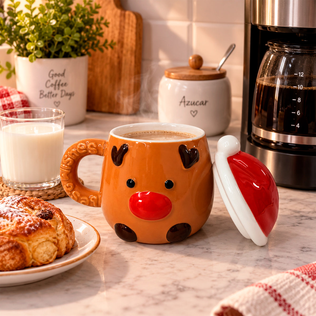 Taza Navideña Lluvia Lights Reno Nariz Roja con Tapa 380 ml